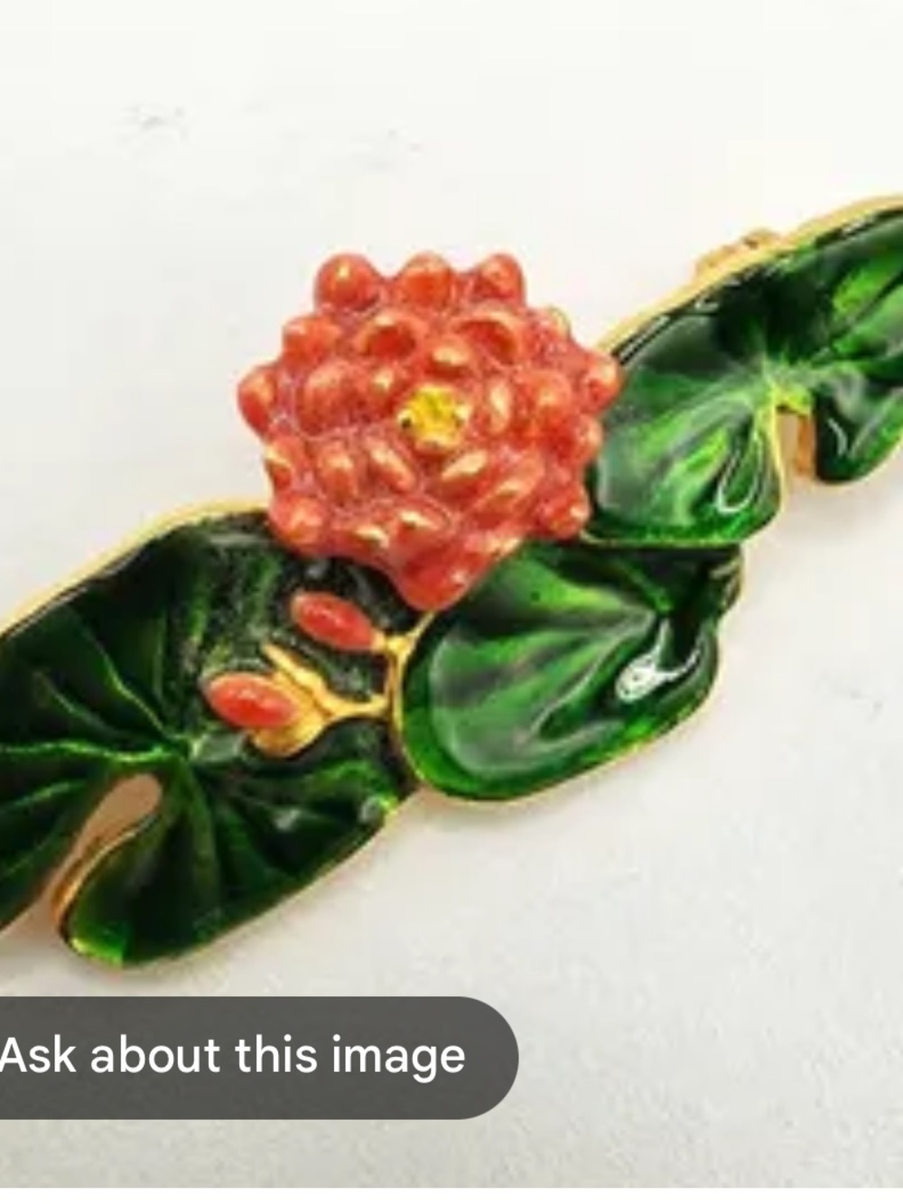 Vintage Claude Monet "Water Lilies" enamel brooch- Green & Coral